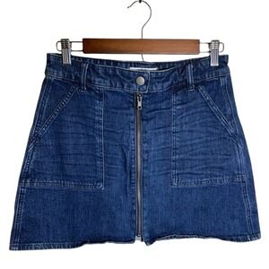 Madewell Denim Front Zip Mini Skirt Dark Wash Square Patch Pockets Size 27
